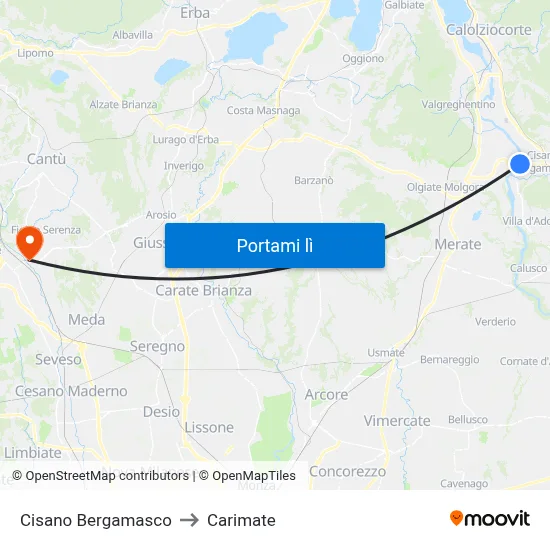 Cisano Bergamasco to Carimate map