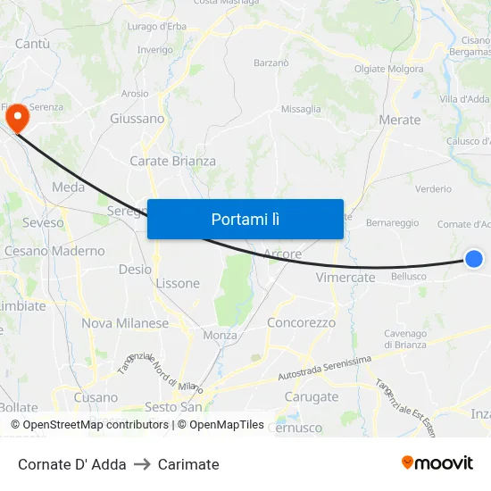 Cornate D' Adda to Carimate map