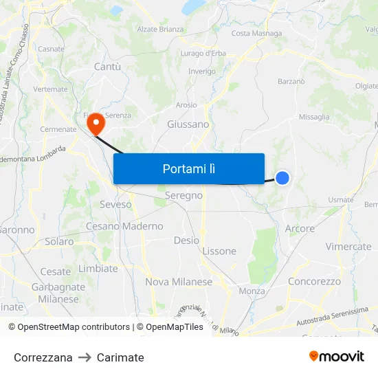 Correzzana to Carimate map