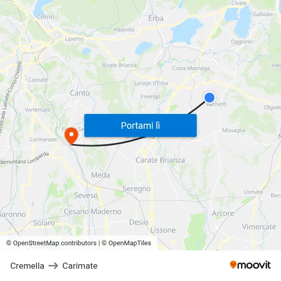 Cremella to Carimate map