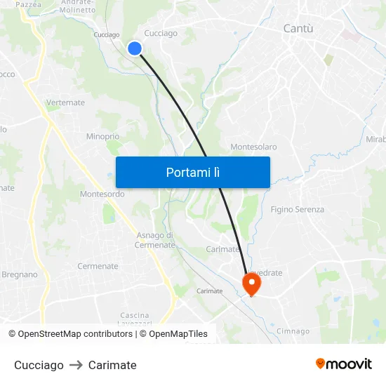 Cucciago to Carimate map