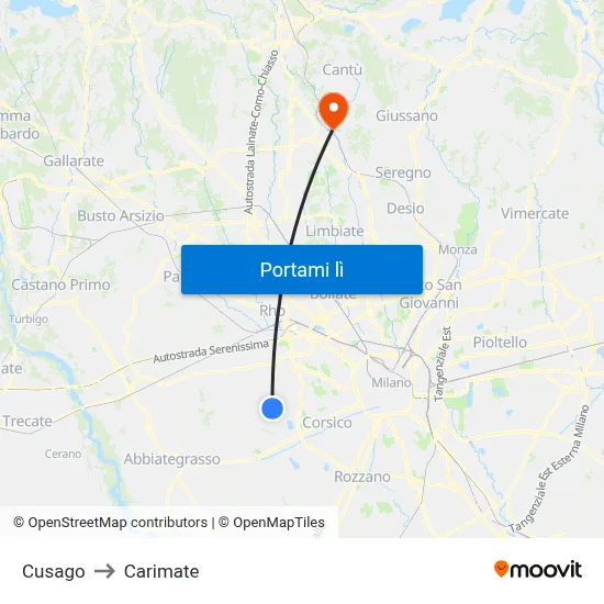 Cusago to Carimate map