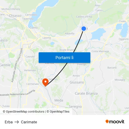 Erba to Carimate map