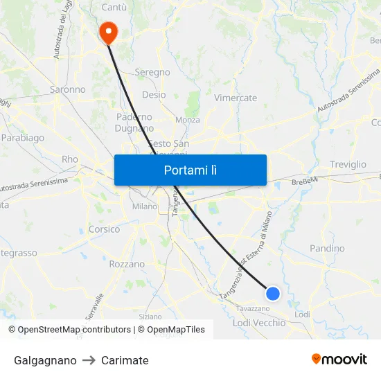 Galgagnano to Carimate map
