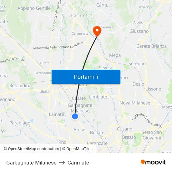Garbagnate Milanese to Carimate map