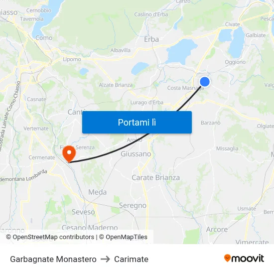 Garbagnate Monastero to Carimate map