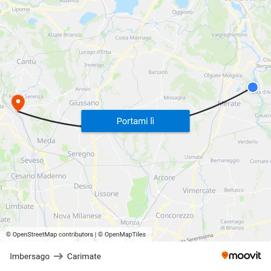 Imbersago to Carimate map