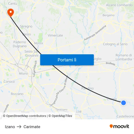 Izano to Carimate map