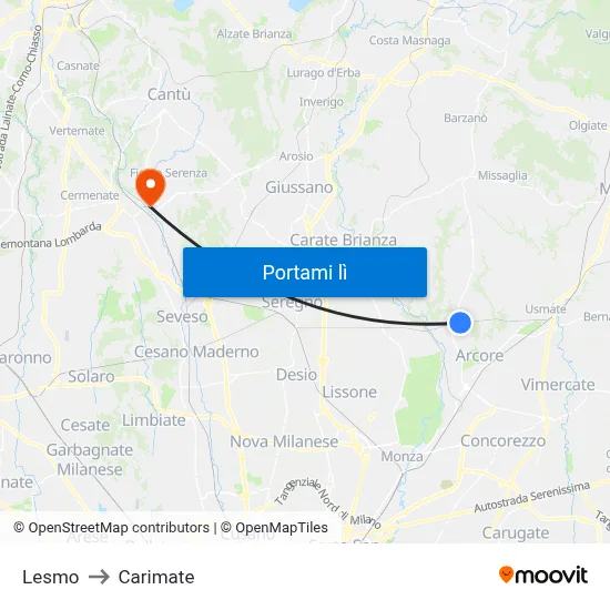 Lesmo to Carimate map