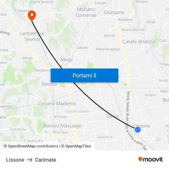 Lissone to Carimate map