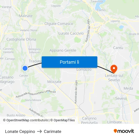 Lonate Ceppino to Carimate map