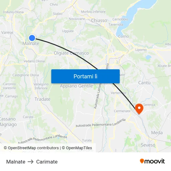 Malnate to Carimate map