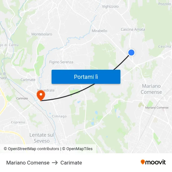 Mariano Comense to Carimate map