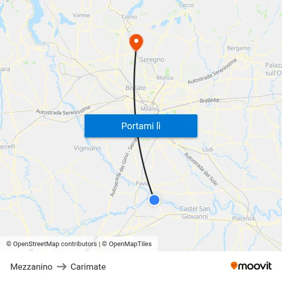 Mezzanino to Carimate map