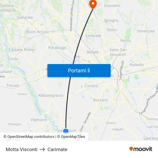 Motta Visconti to Carimate map
