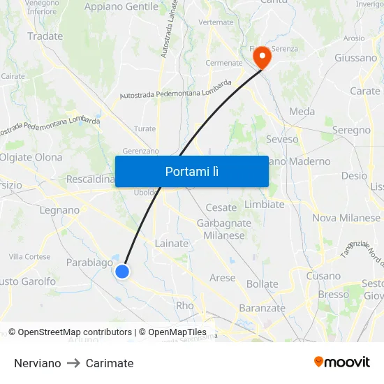 Nerviano to Carimate map