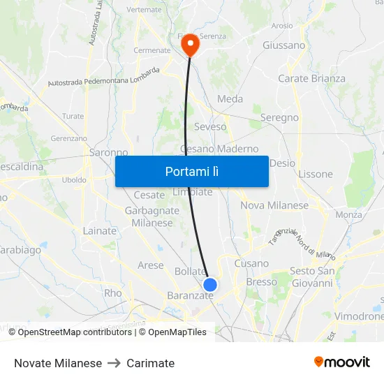 Novate Milanese to Carimate map