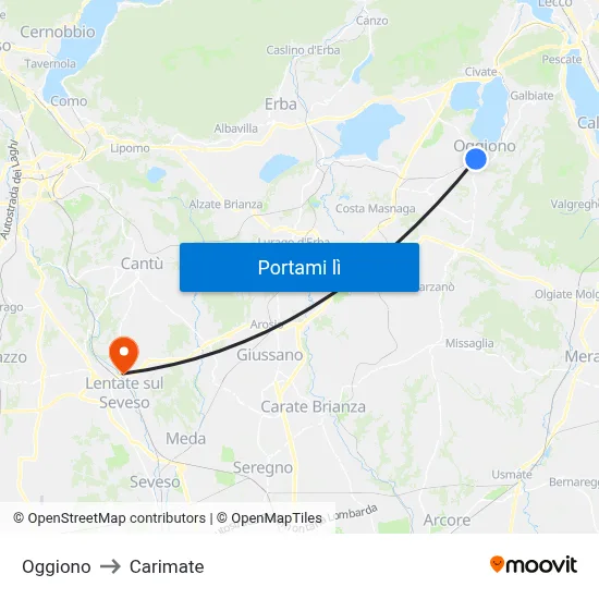 Oggiono to Carimate map
