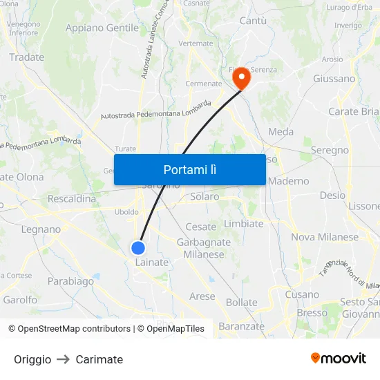 Origgio to Carimate map