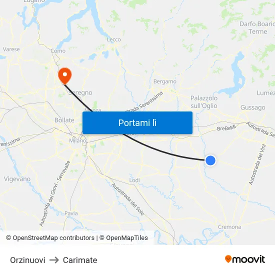 Orzinuovi to Carimate map