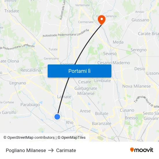 Pogliano Milanese to Carimate map