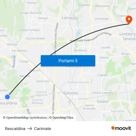 Rescaldina to Carimate map