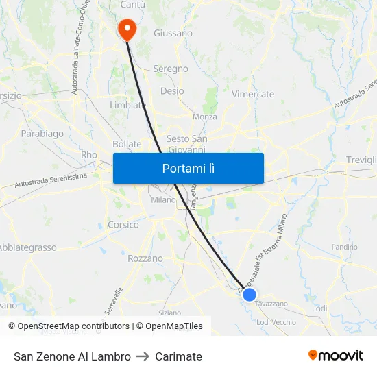 San Zenone Al Lambro to Carimate map