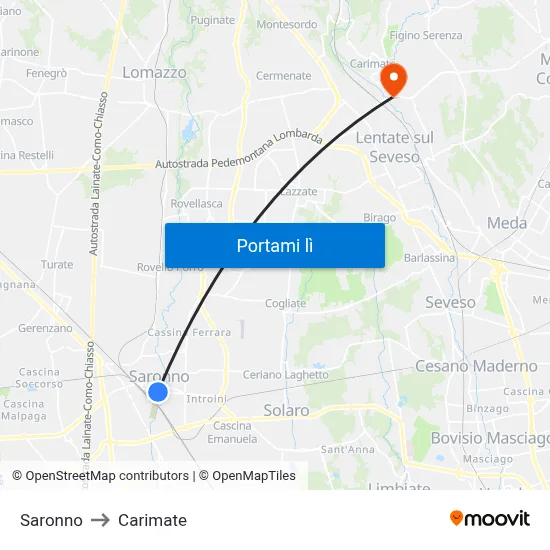 Saronno to Carimate map
