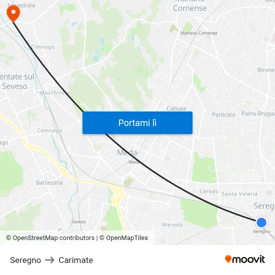 Seregno to Carimate map