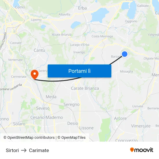 Sirtori to Carimate map