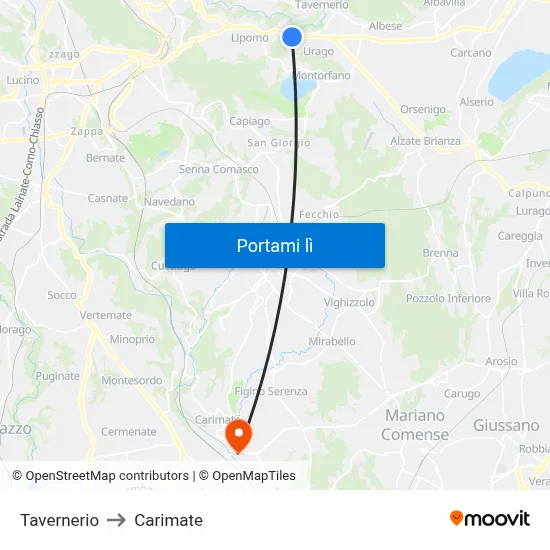 Tavernerio to Carimate map