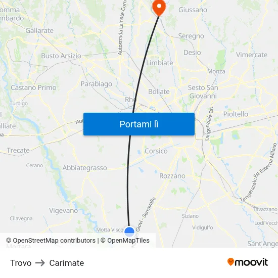 Trovo to Carimate map