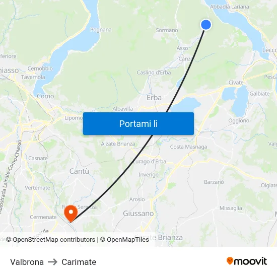 Valbrona to Carimate map