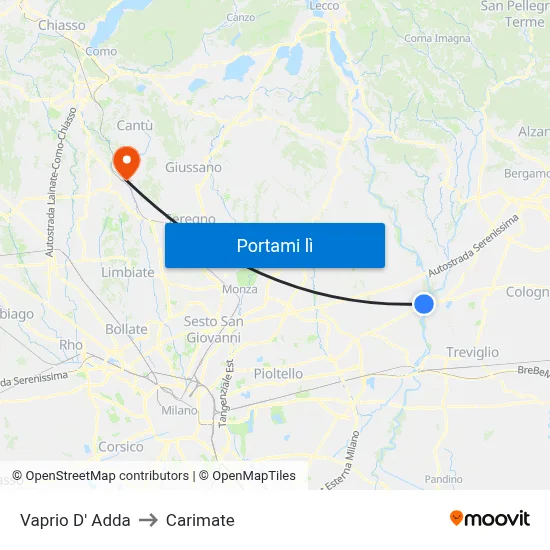 Vaprio D' Adda to Carimate map