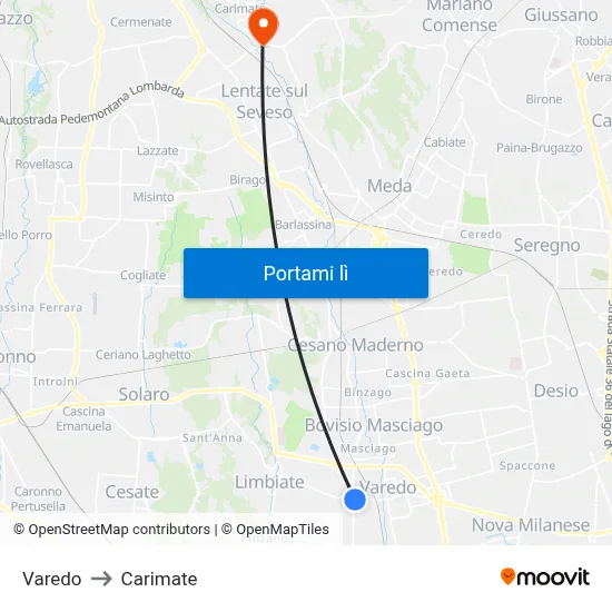 Varedo to Carimate map