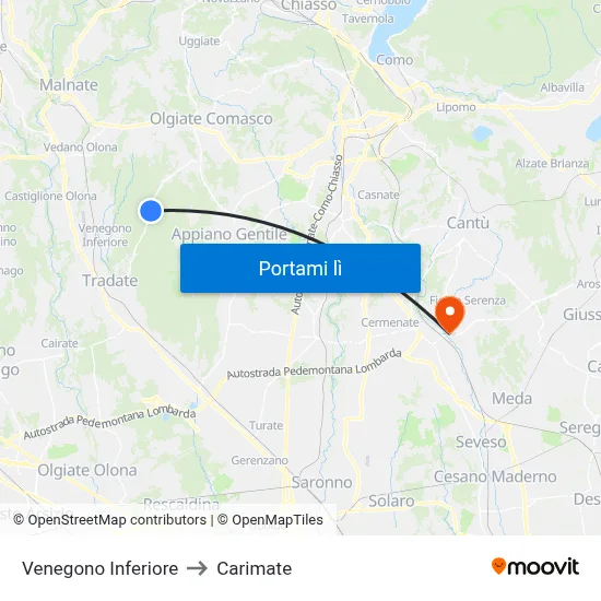 Venegono Inferiore to Carimate map