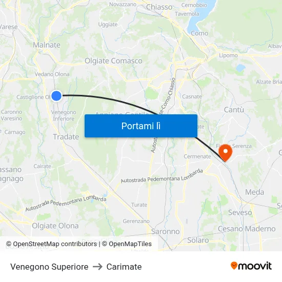 Venegono Superiore to Carimate map