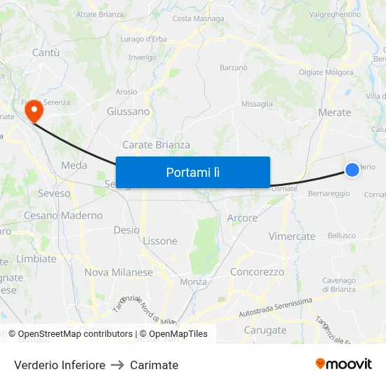 Verderio Inferiore to Carimate map