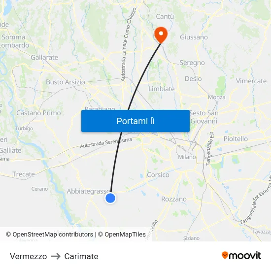 Vermezzo to Carimate map