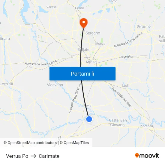 Verrua Po to Carimate map