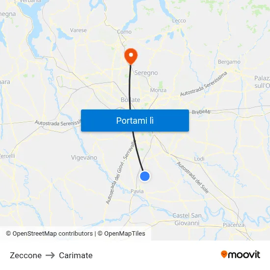 Zeccone to Carimate map