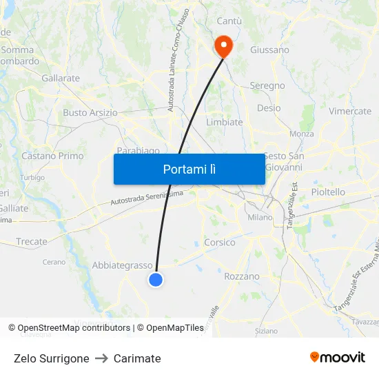 Zelo Surrigone to Carimate map