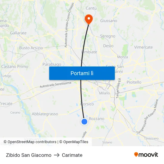 Zibido San Giacomo to Carimate map