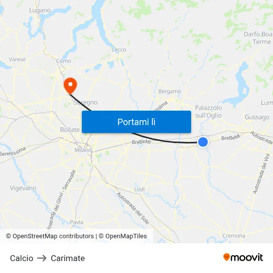 Calcio to Carimate map