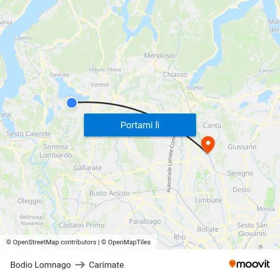 Bodio Lomnago to Carimate map
