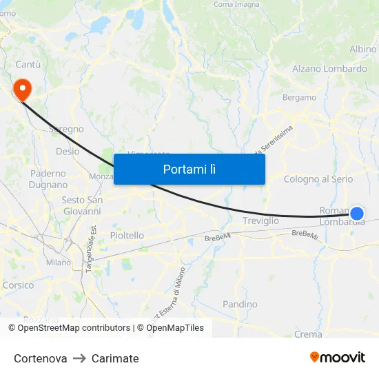 Cortenova to Carimate map