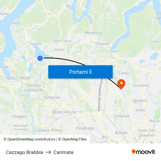 Cazzago Brabbia to Carimate map