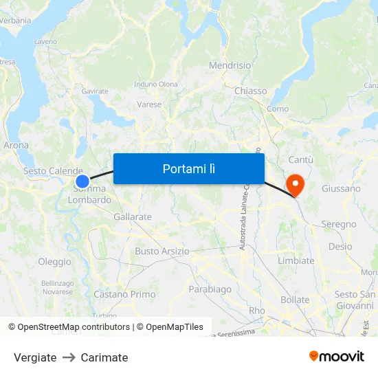 Vergiate to Carimate map
