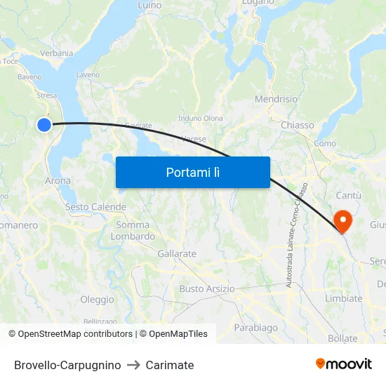 Brovello-Carpugnino to Carimate map