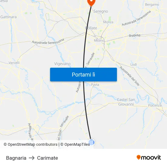 Bagnaria to Carimate map